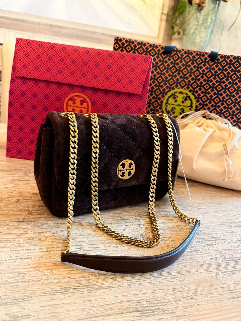 Tory Burch Dark Brown Quilted Suede Chain Shoulder Bag with Gold Hardware NWT - Picture 3 of 8